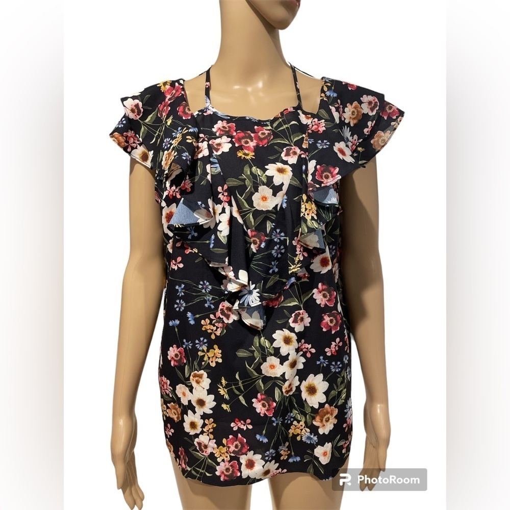 PARKER Womens Cold-shoulder Sleeves Ruffle Navy floral blouse/top Keyhole Back